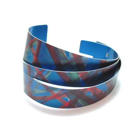 Plaid Blue Tiered Wide Cuff Bracelet by Jon Klar - Click Image to Close